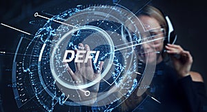 DeFi -Decentralized Finance on dark blue abstract polygonal background. Concept of blockchain, decentralized financial system