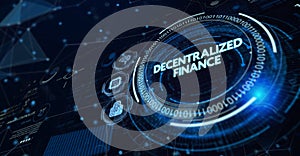 DeFi -Decentralized Finance on dark blue abstract polygonal background. Concept of blockchain, decentralized financial system