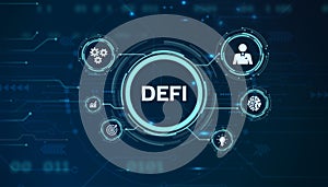 DeFi -Decentralized Finance on dark blue abstract polygonal background. Concept of blockchain, decentralized financial system