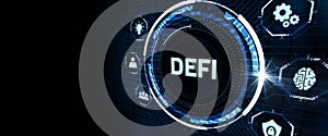 DeFi -Decentralized Finance on dark blue abstract polygonal background. Concept of blockchain, decentralized financial system