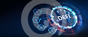 DeFi -Decentralized Finance on dark blue abstract polygonal background. Concept of blockchain, decentralized financial system. 3d