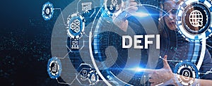 DeFi -Decentralized Finance on dark blue abstract polygonal background. Concept of blockchain, decentralized financial system