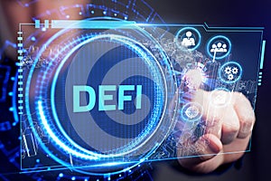 DeFi -Decentralized Finance on dark blue abstract polygonal background. Concept of blockchain, decentralized financial system