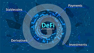 Defi - decentralized finance in a digital circle on dark blue abstract polygonal background.