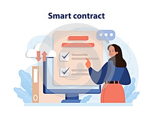 DeFi, decentralized finance. Digital smart contract, electronic document.