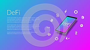 DeFi decentralized finance information website header mockup with realistic isometric smartphone and coin icons around.