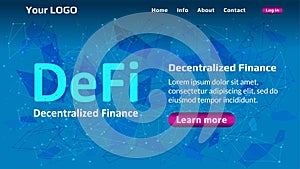 Defi - decentralized finance website template on blue abstract polygonal background.