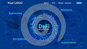 Defi - decentralized finance website template on blue abstract polygonal background.