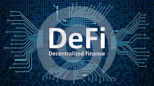 Defi - decentralized finance, white text on blue background with printed circuit board.