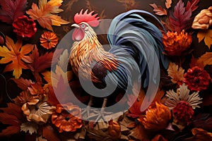 Defiant Rooster in autumn leaves. Generate ai