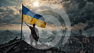 Defiant soldier holding flag over war-torn cityscape