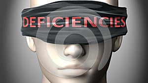 Deficiencies can make us blind - pictured as word Deficiencies on a blindfold to symbolize that it can cloud perception, 3d photo