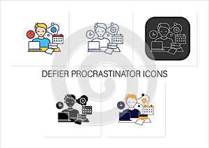 Defier procrastinator icons set