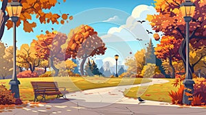 Defining an autumn park with a pathway, lawn, and yellow or brown trees, a city area, a public place for recreation