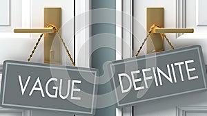 Definite or vague as a choice in life - pictured as words vague, definite on doors to show that vague and definite are different