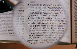 The definition of the word Endemic in a dictionary, under magnifying glass, translator and language concept