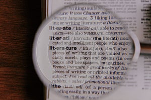 The definition of the word Literature in a dictionary, under magnifying glass, translator and language concept