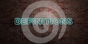 DEFINITIONS - fluorescent Neon tube Sign on brickwork - Front view - 3D rendered royalty free stock picture