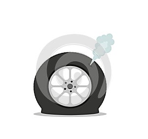 Deflated automobile tire. Punctured wheel of car. Element of Tire service station. Cartoon flat illustration. Comic air and smoke