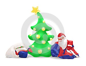 Deflated and crumpled Santa Claus and a snowman under an inflatable Christmas tree with a star and golden balloons