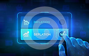 Deflation or Inflation choice concept. Making decision. Stock or forex business and finance money. Hand on virtual touch screen