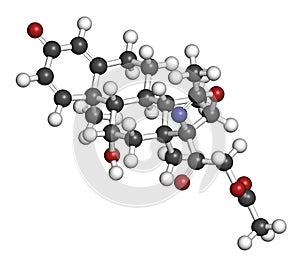 Deflazacort glucocorticoid drug molecule. 3D rendering. Atoms are represented as spheres with conventional color coding: hydrogen