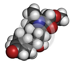 Deflazacort glucocorticoid drug molecule. 3D rendering. Atoms are represented as spheres with conventional color coding: hydrogen