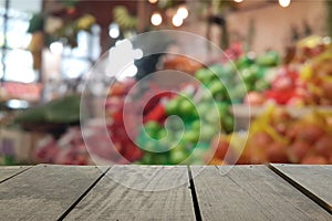 Defocus and blur image of terrace wood and Supermarket