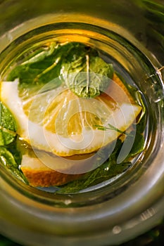 Defocus close-up slice lemon and leaves of mint in glass jug of lemonade natural green background. Pitcher of cool