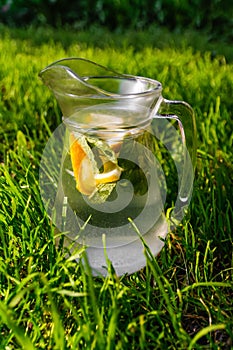 Defocus glass jug of lemonade with slice lemon and leaves of mint on natural green background. Pitcher of cool summer