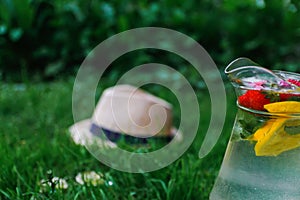 Defocus glass jug of lemonade with strawberry, slice lemon and leaves of mint in on blurred grass background. Pitcher of