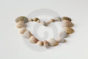 Defocus heart made of sea shells lying on a beach white summer background. Suggesting sea concept. Overhead view