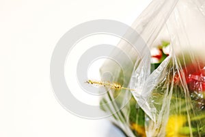 DEFOCUS. Plastic flower. Red and green plants flowers in a plastic bag on a white background. A dry blade of grass