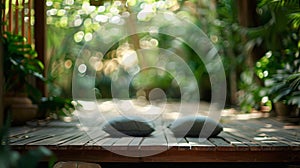 Defocused 3 The blurred backdrop of a meditation space reveals a serene scene of a wooden deck surrounded by lush trees