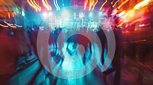 Defocused background image of a crowded energetic dance floor with bright lights and fastmoving figures perfectly