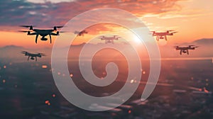 A defocused background image of multiple drones and air taxis flying in formation against a picturesque sunset. The