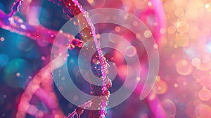 Defocused background image of vibrant DNA helix bokeh streams intertwining in a mesmerizing double helix formation. The