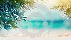 The defocused background showcases the tropical environment with palm trees, blue skies, and a serene ocean. Abstract background