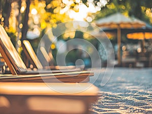 Abstract Blur Beach with Sun Loungers and Umbrellas photo