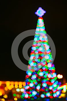 Defocused Blue Bokeh Background Effect. Design Backdrop. New Year Boke Lights