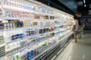 Defocused blur of supermarket shelves with dairy products. Blur