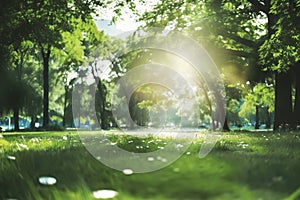 defocused bokeh background of garden trees in sunny day