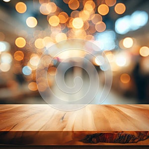 Defocused bokeh lights background with an empty wooden table top.