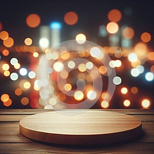 Defocused bokeh lights background with an empty wooden table top.