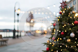 Defocused Christmas tree. Defocused Lights. Christmas tree background