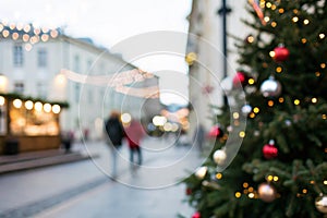Defocused Christmas tree. Defocused Lights. Christmas tree background