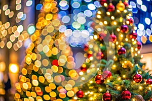 Defocused Christmas Tree Lights Holiday Background with Soft Bokeh Effect photo