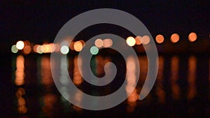 Defocused city lights reflected in water of river