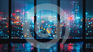 The defocused cityscape outside the window illuminated by soft streetlights creating a dreamy backdrop for a modern art