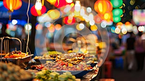 Defocused colorful lights and blurred silhouettes of bustling street food vendors creating a mouthwatering scene of